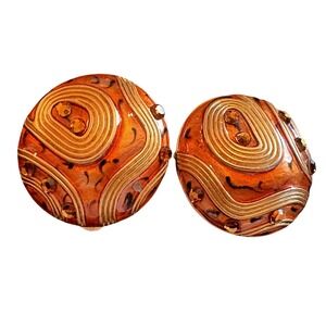 Vintage Orange Gold Abstract Swirl Clip On Earrings Amber Retro Round